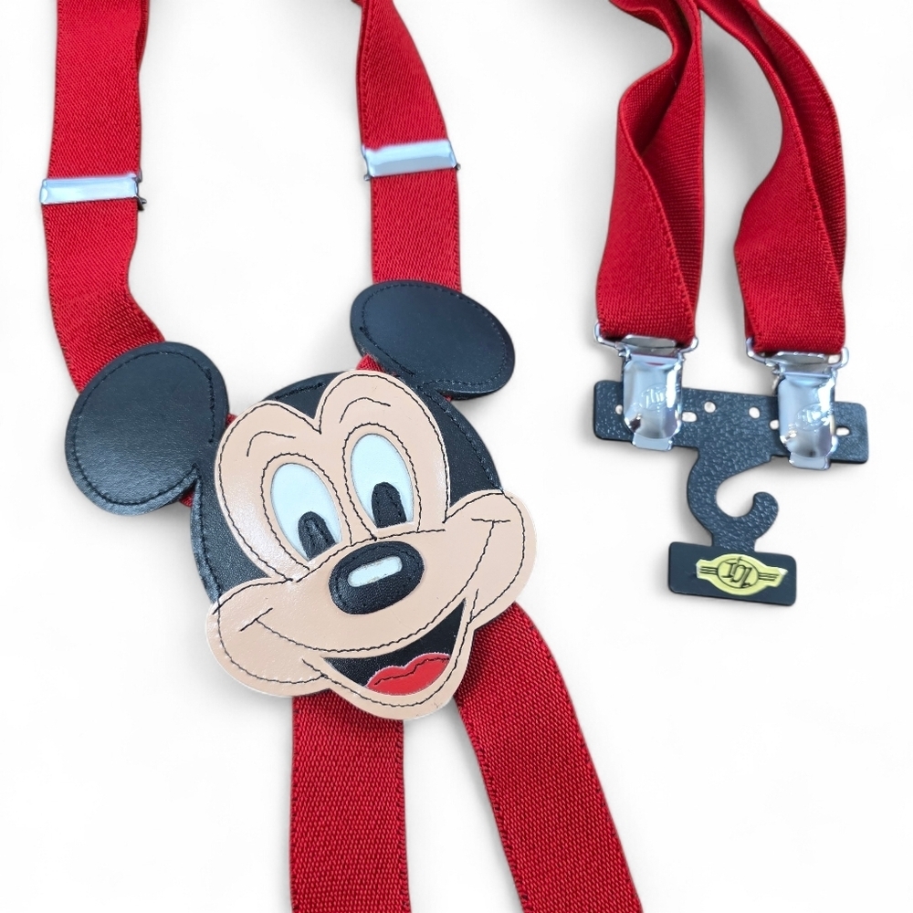 New Oldstock Vintage 90s Disney Mickey Mouse Leather Suspenders Red Korea Made - Picture 1 of 7